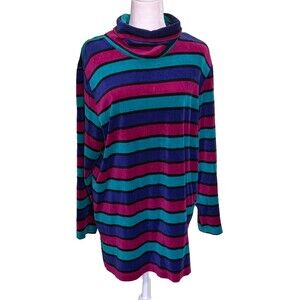 Alfred Dunner Womens Velour Retro 90s Striped Funnel Neck Cozy Casual Size Med